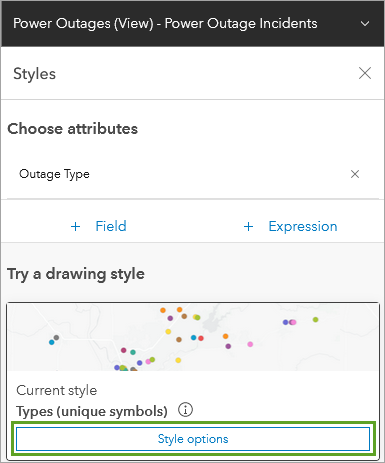 Bouton Options pour Types (Unique symbols) (Types (symboles uniques)) dans la section Select a drawing style (Sélectionner un style de dessin)