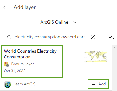 Ajoutez la couche World Countries Electricity Consumption (Consommation électrique mondiale par pays).