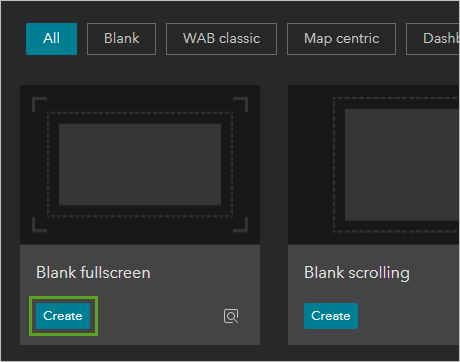 Bouton Create (Créer) sur la fiche Blank fullscreen (Plein écran vide)