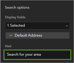 Hint (Astuce) défini sur Search for your area (Recherchez votre zone)