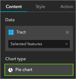 Tract (Secteur) défini sur Selected features (Entités sélectionnées) et Chart type (Type de diagramme) sur Pie (À secteurs)