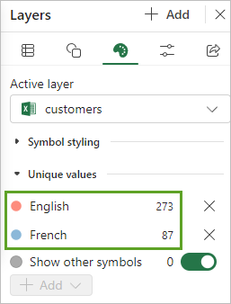 Section Unique values (Valeur uniques) dans la fenêtre Styling (Style)