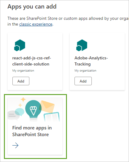 Option Find more apps in SharePoint Store (Trouver plus d’applications dans SharePoint Store)