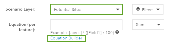 Couche de scénario définie sur Potential Sites (Sites potentiels) et Equation Builder (Générateur d’équations)