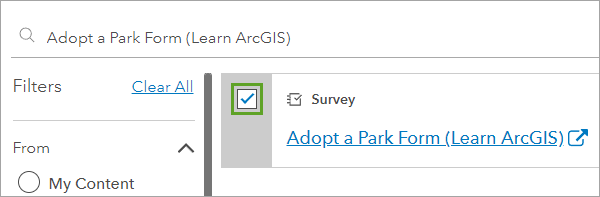 Formulaire Adoptez un parc (Learn ArcGIS) de l’enquête