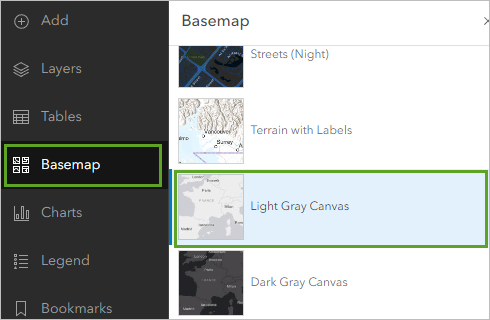 Fond de carte Light Gray Canvas (Nuances de gris clair) dans la fenêtre Basemap (Fond de carte)