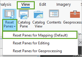 Option Reset Panes for Mapping (Default) (Réinitialiser les fenêtres pour la cartographie (par défaut)) sur le ruban