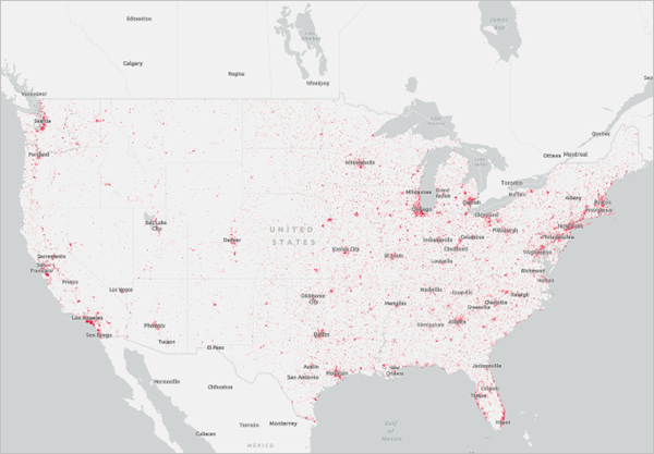 Carte de toutes les zones urbaines des États-Unis