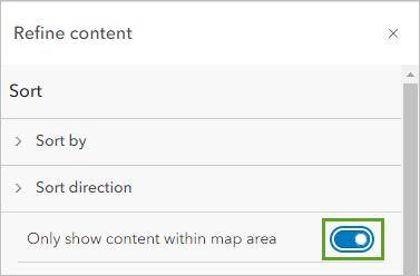 Option Only show content within map area (Afficher uniquement le contenu dans la zone cartographique) activée