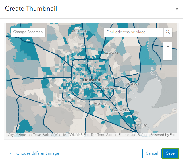 Fenêtre Create Thumbnail (Créer une miniature) avec zone de recherche et carte centrée sur Houston, TX