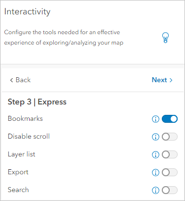 Paramètres Interactivity (Interactivité) avec le paramètre Bookmarks (Géosignets) activé et l’outil Search (Rechercher) désactivé