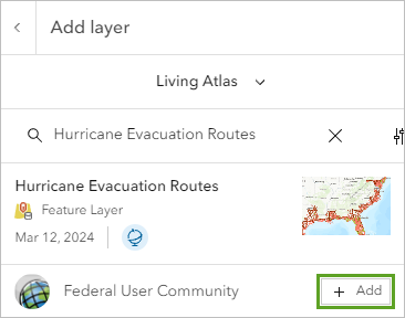 Rechercher la couche des itinéraires d’évacuation en cas d’ouragan et l’ajouter à partir de Living Atlas