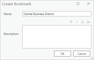Fenêtre Create Bookmark (Créer un géosignet)