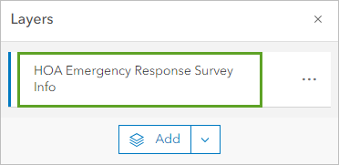 Couche HOA Emergency Response Survey Info (Informations relatives à l’enquête sur l’intervention d’urgence HOA) sélectionnée dans la fenêtre Layers (Couches)