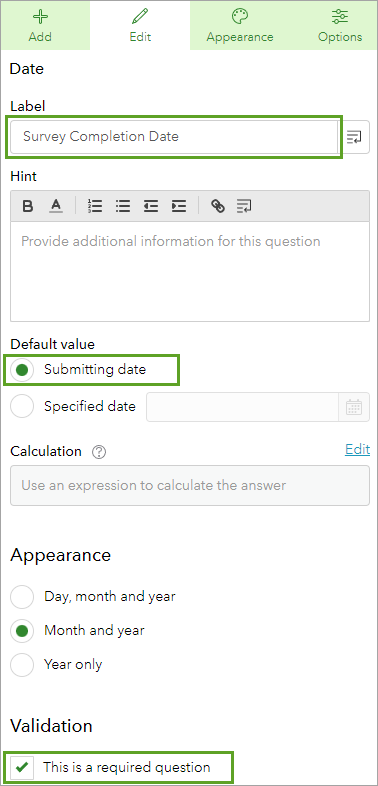 Onglet Modifier renseigné en ce qui concerne la question de type Date