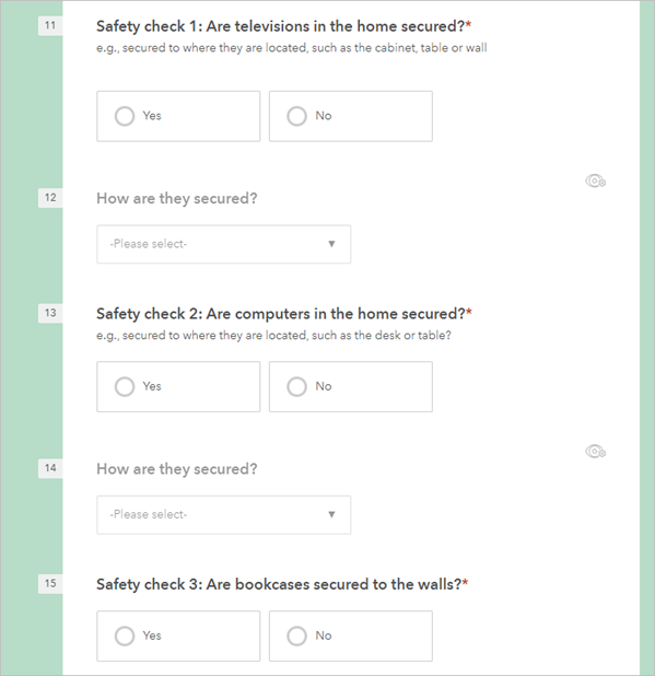 Visibilité conditionnelle des questions de type How are they secured (Quel est le mode de sécurisation) configurées ci-dessous pour les questions Safety check 1 (Contrôle de sécurité 1) et Safety check 2 (Contrôle de sécurité 2) dans l’aperçu de l’enquête