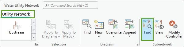 Bouton Find (Rechercher) dans l’onglet Utility Network (Réseau de distribution) du ruban