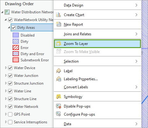 Option Zoom To Layer (Zoom sur la couche) dans le menu contextuel de la couche Dirty Areas