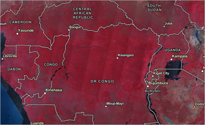 La carte est centrée sur l’Afrique centrale en rouge vif