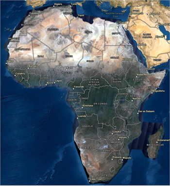 Des tons principalement terreux (beige, marron et vert foncé) apparaissent sur le continent africain