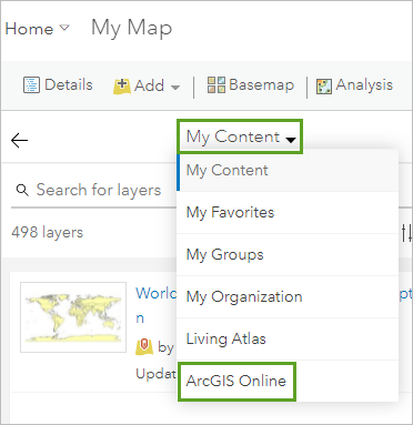 Choisissez d’effectuer votre recherche dans ArcGIS Online.