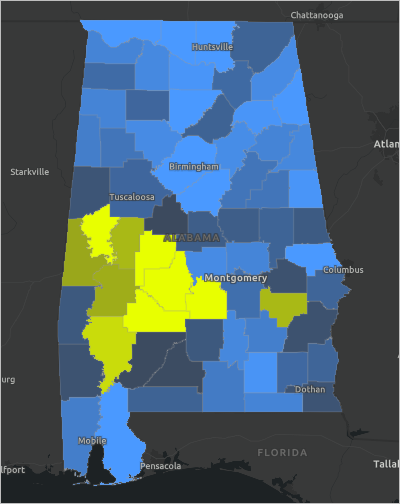 Zoomez sur l’état d’Alabama.