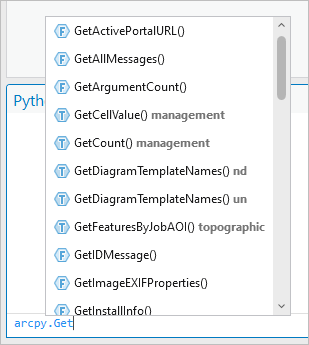 Fenêtre contextuelle pour les éléments de code commençant par arcpy.Get