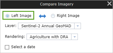 Paramètres de l’image de gauche dans la fenêtre Compare Imagery (Comparer l’imagerie)