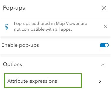 Attribute expressions (Expressions attributaires) sous Options (Options) dans la fenêtre Pop-ups (Fenêtres contextuelles)