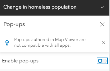 Option Enable pop-ups (Activer les fenêtres contextuelles) désactivée pour la couche Change in homeless population (Évolution du nombre de sans-abri)