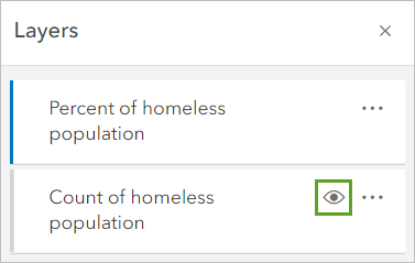 Bouton Hide layer (Masquer la couche) pour la couche Count of homeless population (Nombre de sans-abri)