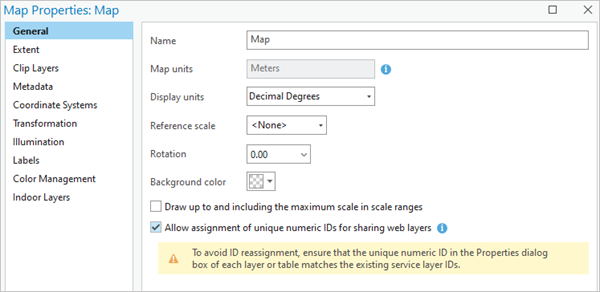 Case Allow assignment of unique numeric IDs for sharing web layers (Autoriser l’attribution d’ID numériques uniques pour le partage de couches Web) cochée dans l'onglet General (Général) de la fenêtre Map Properties (Propriétés de la carte)