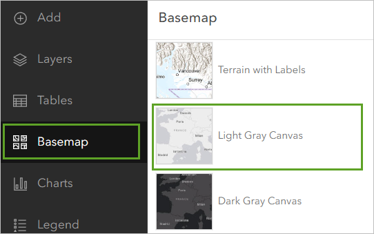 Fond de carte Light Gray Canvas (Nuances de gris clair) dans la fenêtre Basemap (Fond de carte)