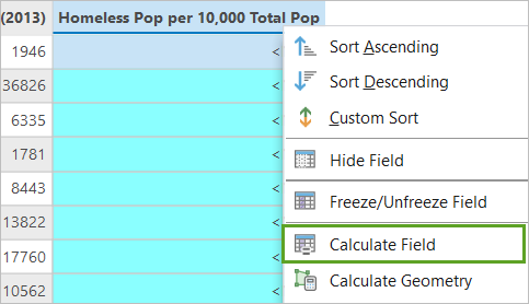 Option Calculer un champ dans le menu contextuel de la colonne Sans-abri pour 10 000 de la table attributaire