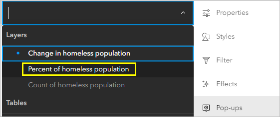 Couche active dans la fenêtre Pop-ups (Fenêtres contextuelles) définie sur Percent of homeless population (Pourcentage de sans-abri)