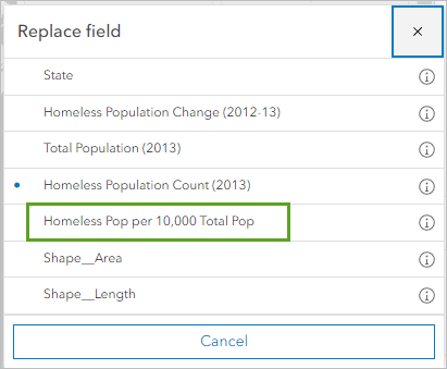 Champ Homeless Pop per 10,000 Total Pop (Sans-abri pour 10 000 habitants) sélectionné et bouton Replace (Remplacer)