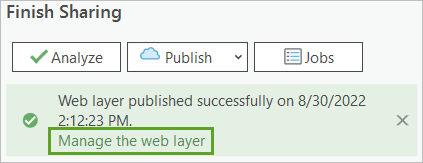 Lien Manage the web layer (Gérer la couche Web) au bas de la fenêtre Share As Web Layer (Partager en tant que couche Web)