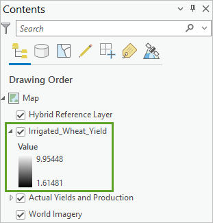 Le raster Irrigated_Wheat_Yield (Rendement_Blé_Irrigué) est ajouté à la fenêtre Contents (Contenu).