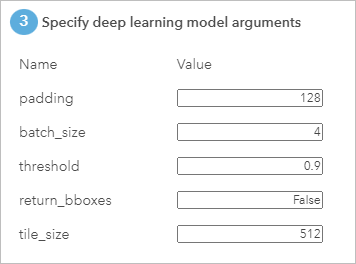 Noms et valeurs des arguments du modèle