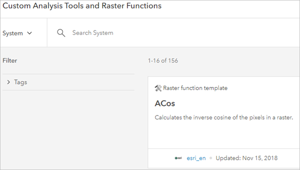 Fenêtre Custom Analysis Tools and Raster Functions (Fonctions raster et outils d’analyse personnalisés)