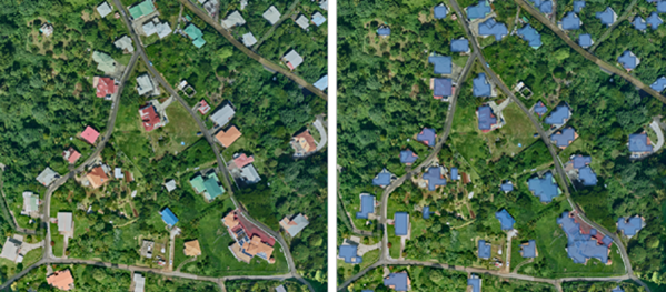 Comparaison des bâtiments de l’imagerie et des bâtiments détectés grâce au Deep Learning.