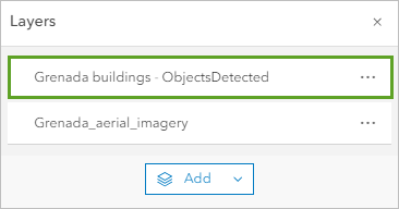 Couche Grenada buildings - ObjectsDetected (Bâtiments Grenade - ObjectsDetected) répertoriée dans la fenêtre Layers (Couches).