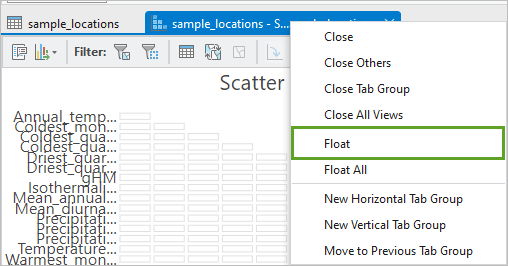 Option Flottant du menu contextuel pour l’onglet du diagramme de matrice de nuages de points