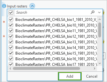 Ajoutez tous les rasters sélectionnés dans la section Rasters en entrée.