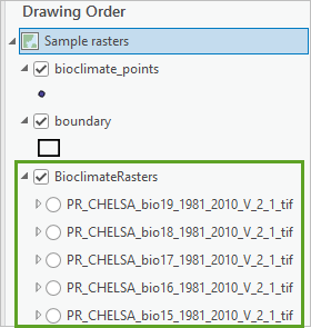 Groupe de couches BioclimateRasters dans la fenêtre Contenu de la carte Rasters d’échantillonnage
