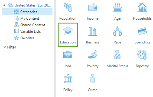 Catégorie Éducation dans le navigateur de données