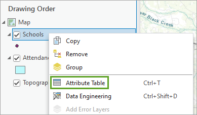 Option Attribute Table (Table attributaire) de la couche Schools