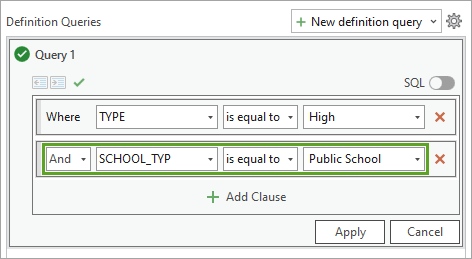 Requête indiquant And SCHOOL_TYP is equal to Public School (Et SCHOOL_TYP est égal à Public School)