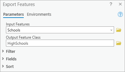 Paramètres de la fenêtre Export Features (Exporter des entités)