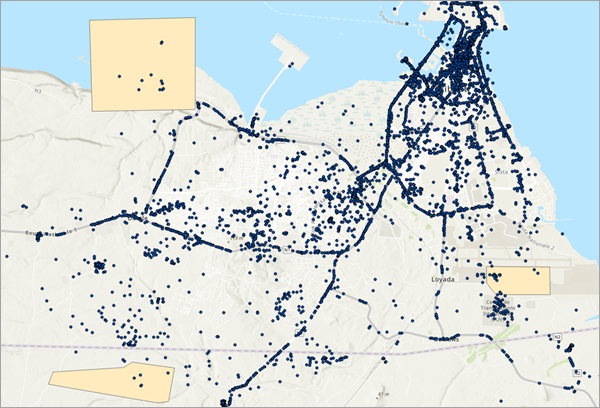 Carte indiquant les enregistrements de téléphone portable des points d'intérêt suspectés